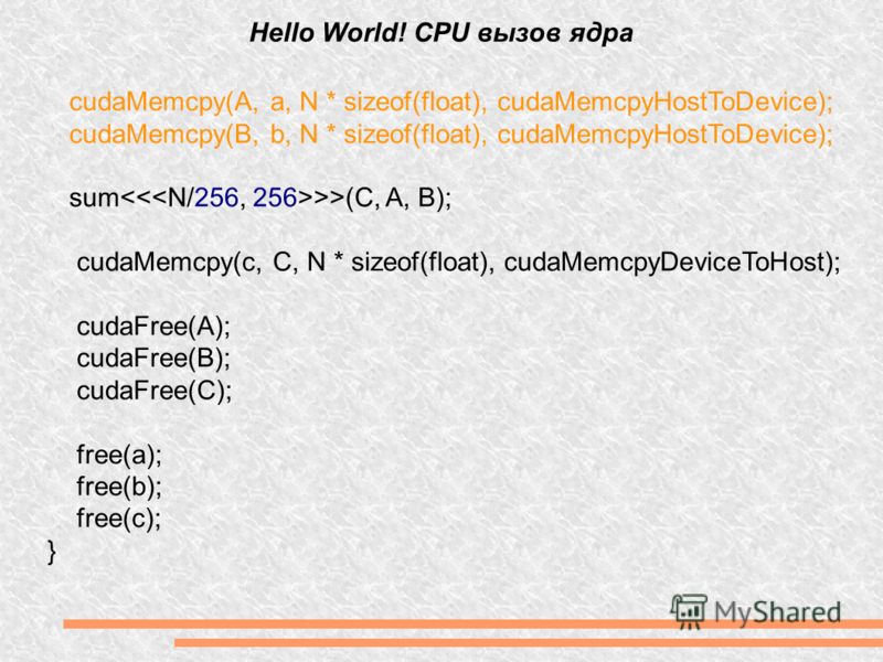 Hello World! CPU вызов ядра cudaMemcpy(A, a, N * sizeof(float), cudaMemcpyHostToDevice); cudaMemcpy(B, b, N * sizeof(float), cudaMemcpyHostToDevice); sum >>(C, A, B); cudaMemcpy(c, C, N * sizeof(float), cudaMemcpyDeviceToHost); cudaFree(A); cudaFree(