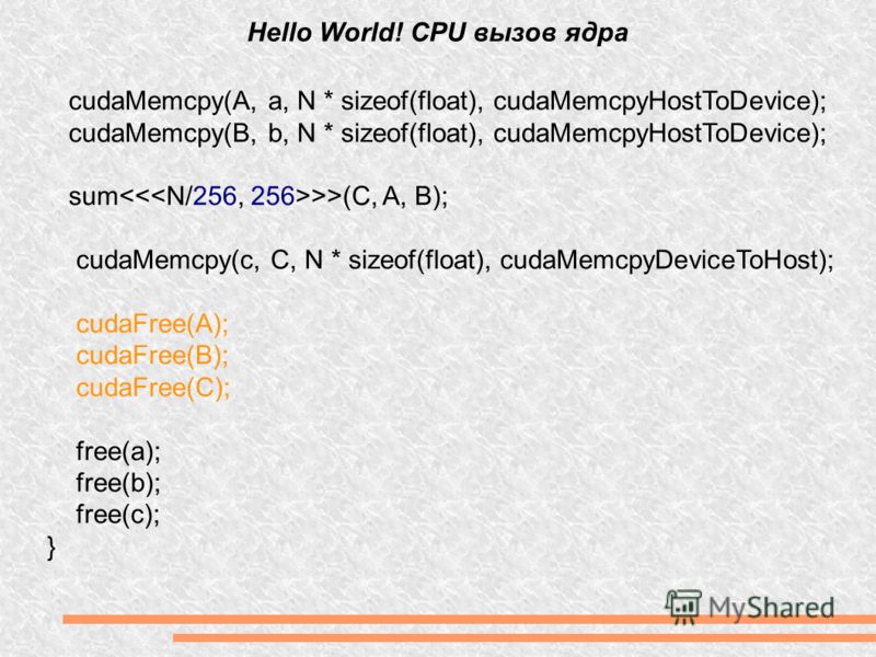 Hello World! CPU вызов ядра cudaMemcpy(A, a, N * sizeof(float), cudaMemcpyHostToDevice); cudaMemcpy(B, b, N * sizeof(float), cudaMemcpyHostToDevice); sum >>(C, A, B); cudaMemcpy(c, C, N * sizeof(float), cudaMemcpyDeviceToHost); cudaFree(A); cudaFree(