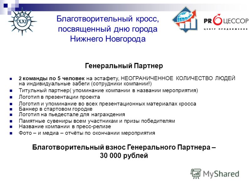 Благотворительный кросс, посвященный дню города Нижнего Новгорода Генеральный Партнер 2 команды по 5 человек на эстафету, НЕОГРАНИЧЕННОЕ КОЛИЧЕСТВО ЛЮДЕЙ на индивидуальные забеги (сотрудники компании!) Титульный партнер( упоминание компании в названи