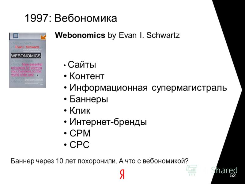 52 1997: Вебономика Webonomics by Evan I. Schwartz Сайты Контент Информационная супермагистраль Баннеры Клик Интернет-бренды CPM CPC Баннер через 10 лет похоронили. А что с вебономикой?