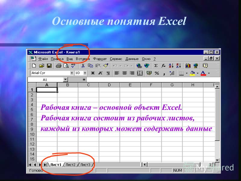 Рабочая книга – основной объект Excel. Рабочая книга состоит из рабочих листов, каждый из которых может содержать данные. Основные понятия Excel
