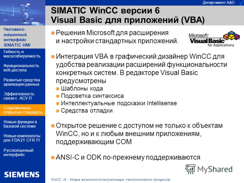 Департамент A&D Человеко- машинный интерфейс SIMATIC HMI WinCC v6 - Новые возможности визуализации технологических процессов SIMATIC WinCC версии 6 Visual Basic для приложений (VBA) Решения Microsoft для расширения и настройки стандартных приложений.