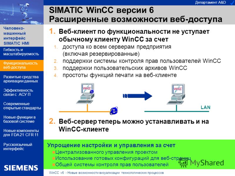 Департамент A&D Человеко- машинный интерфейс SIMATIC HMI WinCC v6 - Новые возможности визуализации технологических процессов 1. Веб-клиент по функциональности не уступает обычному клиенту WinCC за счет 1. доступа ко всем серверам предприятия (включая