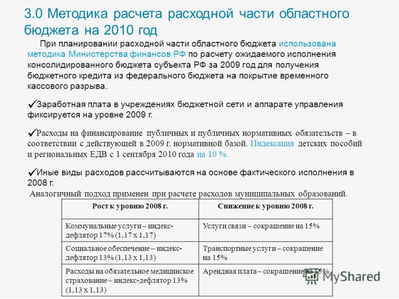 При планировании расходной части областного бюджета использована методика Министерства финансов РФ по расчету ожидаемого исполнения консолидированного бюджета субъекта РФ за 2009 год для получения бюджетного кредита из федерального бюджета на покрыти