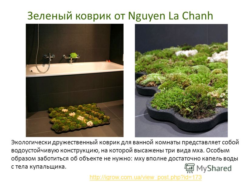 Зеленый коврик от Nguyen La Chanh Экологически дружественный коврик для ванной комнаты представляет собой водоустойчивую конструкцию, на которой высажены три вида мха. Особым образом заботиться об объекте не нужно: мху вполне достаточно капель воды с