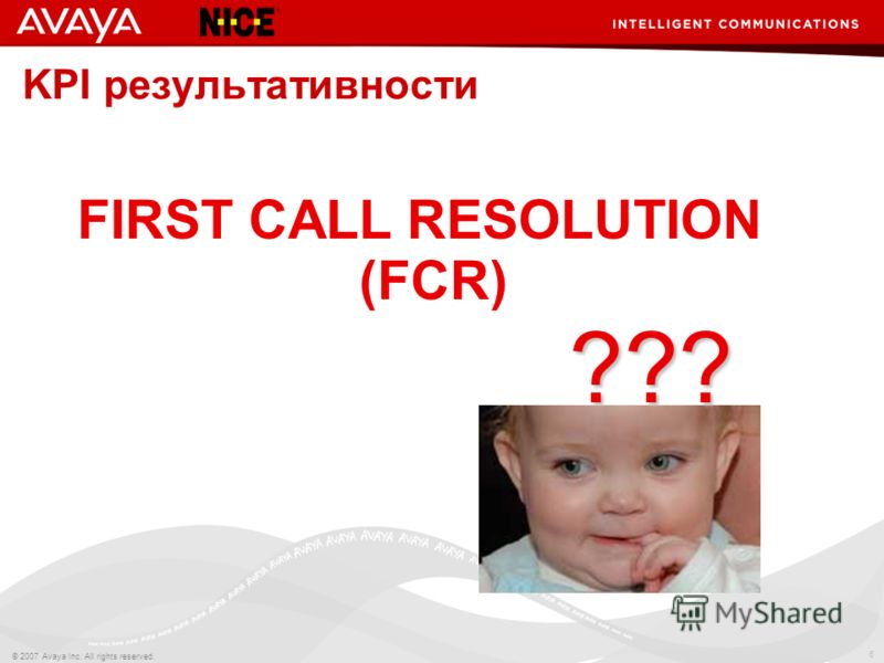 6 © 2007 Avaya Inc. All rights reserved. KPI результативности FIRST CALL RESOLUTION (FCR) ???