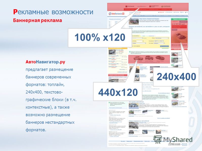 Рекламные возможности Баннерная реклама АвтоНавигатор.ру предлагает размещение баннеров современных форматов: топлайн, 240х400, текстово- графические блоки (в т.ч. контекстные), а также возможно размещение баннеров нестандартных форматов. 100% x120 4