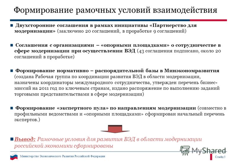 Министерство Экономического Развития Российской Федерации Слайд 5 Формирование рамочных условий взаимодействия Двухсторонние соглашения в рамках инициативы «Партнерство для модернизации» (заключено 20 соглашений, в проработке 9 соглашений) Соглашения