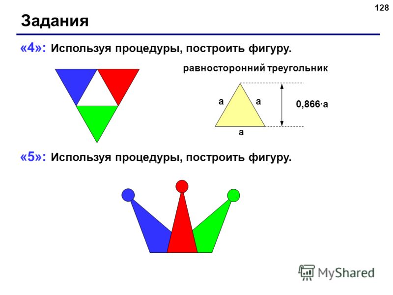 128 Задания «4»: Используя процедуры, построить фигуру. «5»: Используя процедуры, построить фигуру. a aa 0,866a равносторонний треугольник