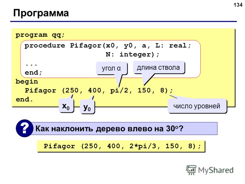 134 Программа program qq; procedure Pifagor(x0, y0, a, L: real; N: integer);... end; begin Pifagor (250, 400, pi/2, 150, 8); end. угол α длина ствола число уровней x0x0 x0x0 y0y0 y0y0 Как наклонить дерево влево на 30 o ? ? Pifagor (250, 400, 2*pi/3, 