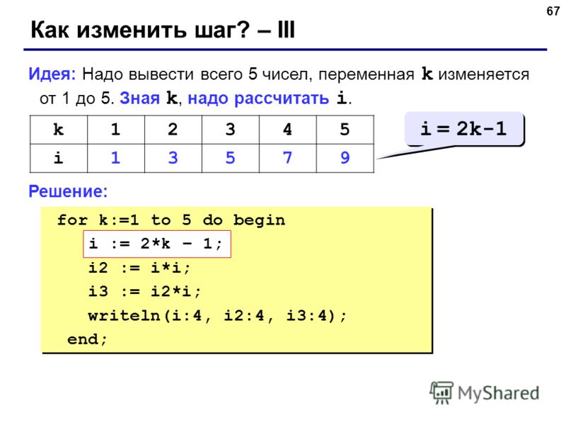 67 Как изменить шаг? – III Идея: Надо вывести всего 5 чисел, переменная k изменяется от 1 до 5. Зная k, надо рассчитать i. Решение: k12345 i13579 i = 2k-1 for k:=1 to 5 do begin ??? i2 := i*i; i3 := i2*i; writeln(i:4, i2:4, i3:4); end; for k:=1 to 5 
