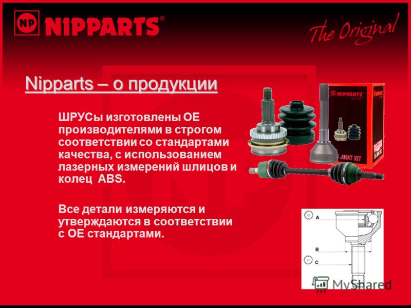 Nipparts – о продукции ШРУСы изготовлены OE производителями в строгом соответствии со стандартами качества, с использованием лазерных измерений шлицов и колец ABS. Все детали измеряются и утверждаются в соответствии с OE стандартами.