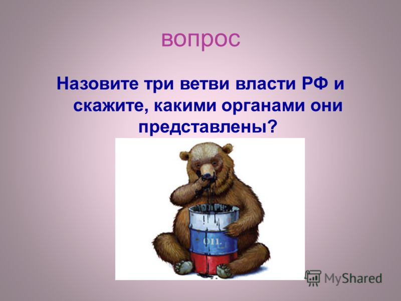 вопрос Назовите три ветви власти РФ и скажите, какими органами они представлены?