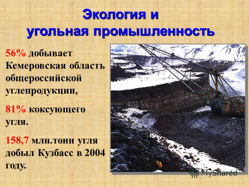 Экология и угольная промышленность 56% добывает Кемеровская область общероссийской углепродукции, 81% коксующего угля. 158,7 млн.тонн угля добыл Кузбасс в 2004 году.