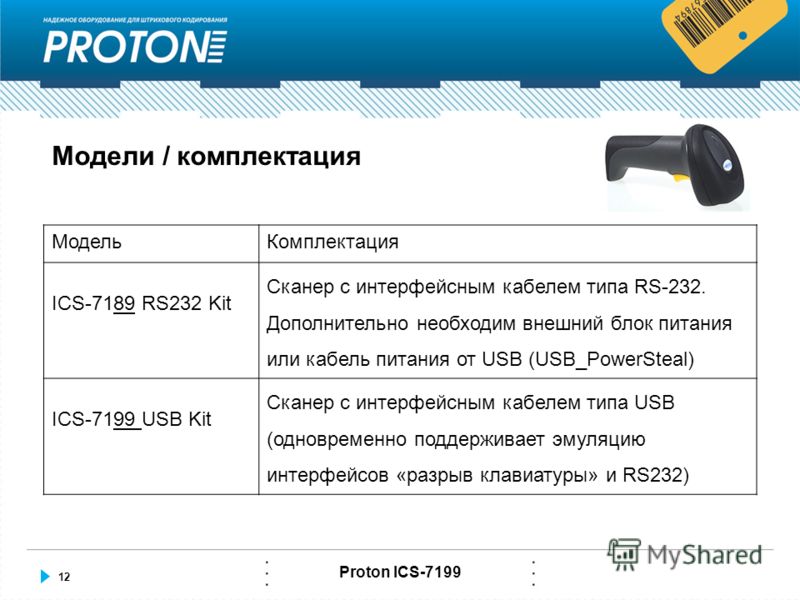 12 Proton ICS-7199 Модели / комплектация МодельКомплектация ICS-7189 RS232 Kit Сканер с интерфейсным кабелем типа RS-232. Дополнительно необходим внешний блок питания или кабель питания от USB (USB_PowerSteal) ICS-7199 USB Kit Сканер с интерфейсным к