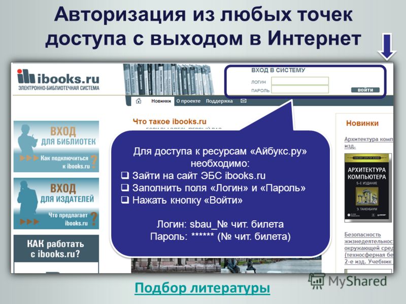 Для доступа к ресурсам «Айбукс.ру» необходимо: Зайти на сайт ЭБС ibooks.ru Заполнить поля «Логин» и «Пароль» Нажать кнопку «Войти» Логин: sbau_ чит. билета Пароль: ****** ( чит. билета) Для доступа к ресурсам «Айбукс.ру» необходимо: Зайти на сайт ЭБС