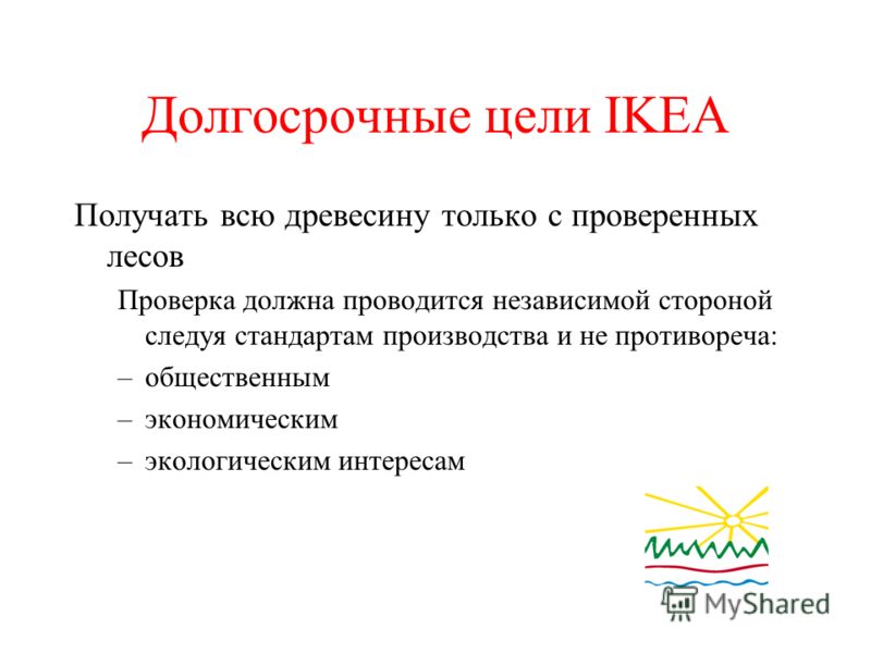 Долгосрочные цели IKEA Получать всю древесину только с проверенных лесов Проверка должна проводится независимой стороной следуя стандартам производства и не противореча: –общественным –экономическим –экологическим интересам