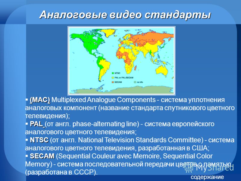 Аналоговыевидео стандарты Аналоговые видео стандарты (MAC) (MAC) Multiplexed Analogue Components - система уплотнения аналоговых компонент (название стандарта спутникового цветного телевидения); PAL PAL (от англ. phase-alternating line) - система евр