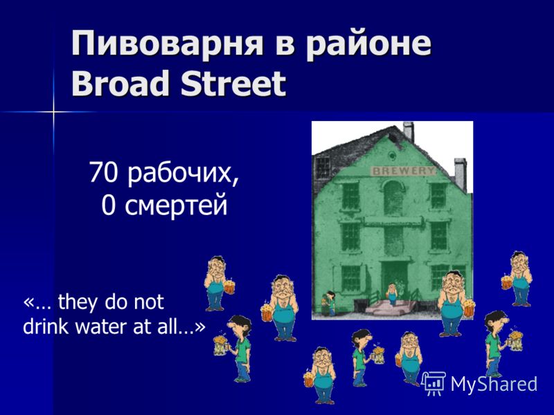 Пивоварня в районе Broad Street 70 рабочих, 0 смертей «… they do not drink water at all…»