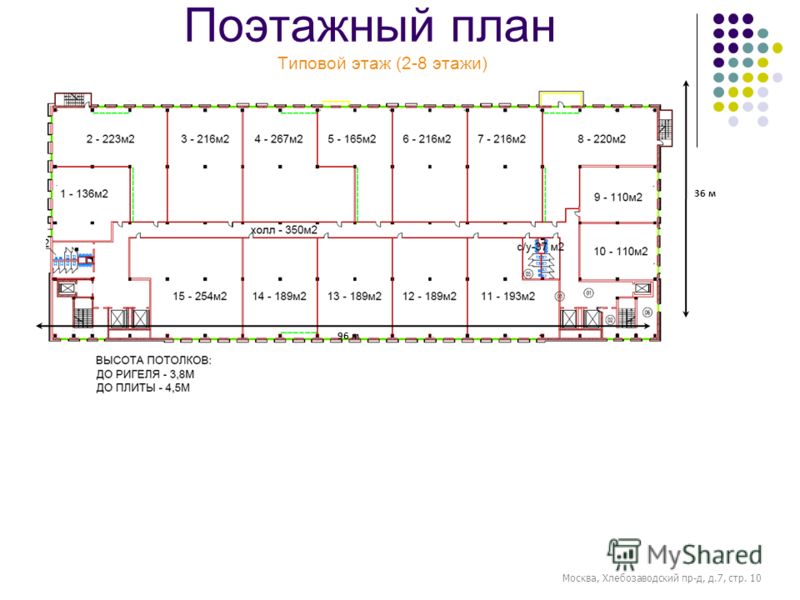 Поэтажный план 4 Типовой этаж (2-8 этажи) Москва, Хлебозаводский пр-д, д.7, стр. 10 36 м 96 м