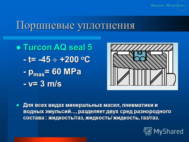 Поршневые уплотнения Turcon AQ seal 5 Turcon AQ seal 5 - t= -45 +200 o C - p max = 60 MРa - v= 3 m/s Для всех видах минеральных масел, пневматики и водных эмульсий..., разделяет двух сред разнородного состава : жидкость/газ, жидкость/ жидкость, газ/г