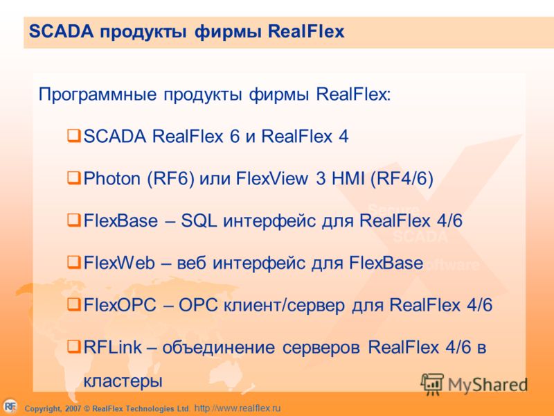 Copyright, 2007 © RealFlex Technologies Ltd. http://www.realflex.ru SCADA продукты фирмы RealFlex Программные продукты фирмы RealFlex: SCADA RealFlex 6 и RealFlex 4 Photon (RF6) или FlexView 3 HMI (RF4/6) FlexBase – SQL интерфейс для RealFlex 4/6 Fle