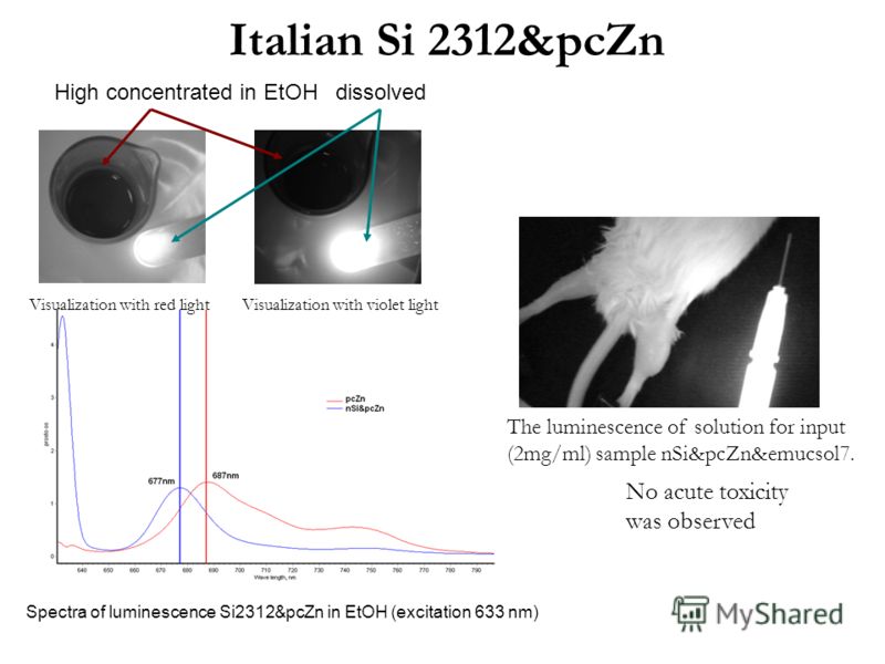 Italian Si 2312&pcZn No acute toxicity was observed The luminescence of solution for input (2mg/ml) sample nSi&pcZn&emucsol7. Spectra of luminescence Si2312&pcZn in EtOH (excitation 633 nm) Visualization with red lightVisualization with violet light 