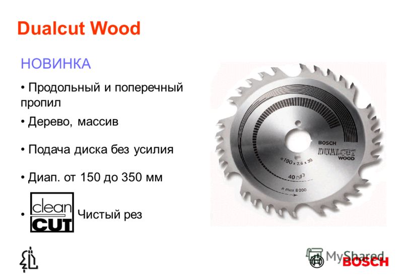 Dualcut Wood НОВИНКА Продольный и поперечный пропил Чистый рез Дерево, массив Подача диска без усилия Диап. от 150 до 350 мм