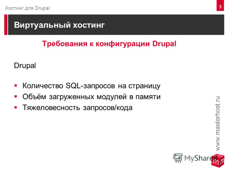 Виртуальный хостинг Требования к конфигурации Drupal Drupal Количество SQL-запросов на страницу Объём загруженных модулей в памяти Тяжеловесность запросов/кода www.masterhost.ru Хостинг для Drupal 3