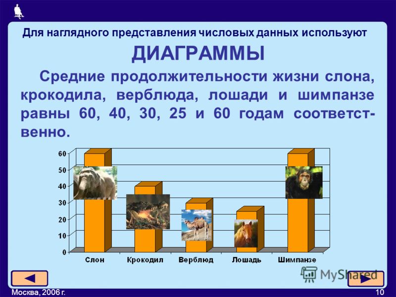 Москва, 2006 г.10 ДИАГРАММЫ Средние продолжительности жизни слона, крокодила, верблюда, лошади и шимпанзе равны 60, 40, 30, 25 и 60 годам соответст- венно. Для наглядного представления числовых данных используют
