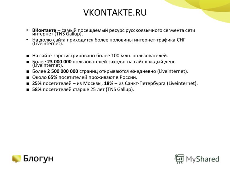 VKONTAKTE.RU ВКонтакте – самый посещаемый ресурс русскоязычного сегмента сети интернет (TNS Gallup). На долю сайта приходится более половины интернет-трафика СНГ (Liveinternet). На сайте зарегистрировано более 100 млн. пользователей. Более 23 000 000