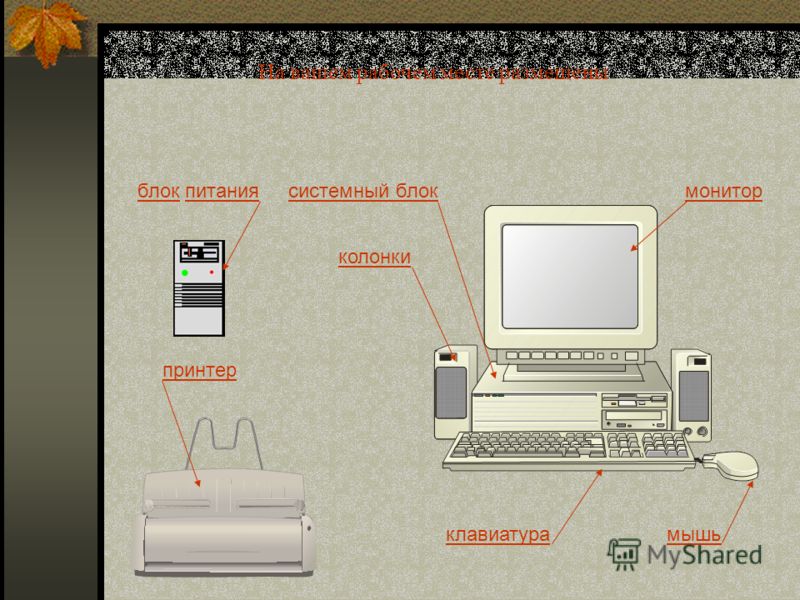 На вашем рабочем месте размещены блок питания системный блокмонитор клавиатурамышь колонки принтер