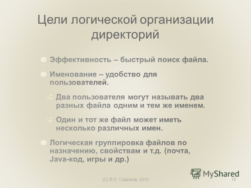 (C) В.О. Сафонов, 201016 Цели логической организации директорий