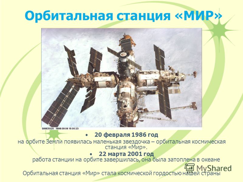 Орбитальная станция «МИР» 20 февраля 1986 год на орбите Земли появилась маленькая звездочка – орбитальная космическая станция «Мир». 22 марта 2001 год работа станции на орбите завершилась, она была затоплена в океане Орбитальная станция «Мир» стала к