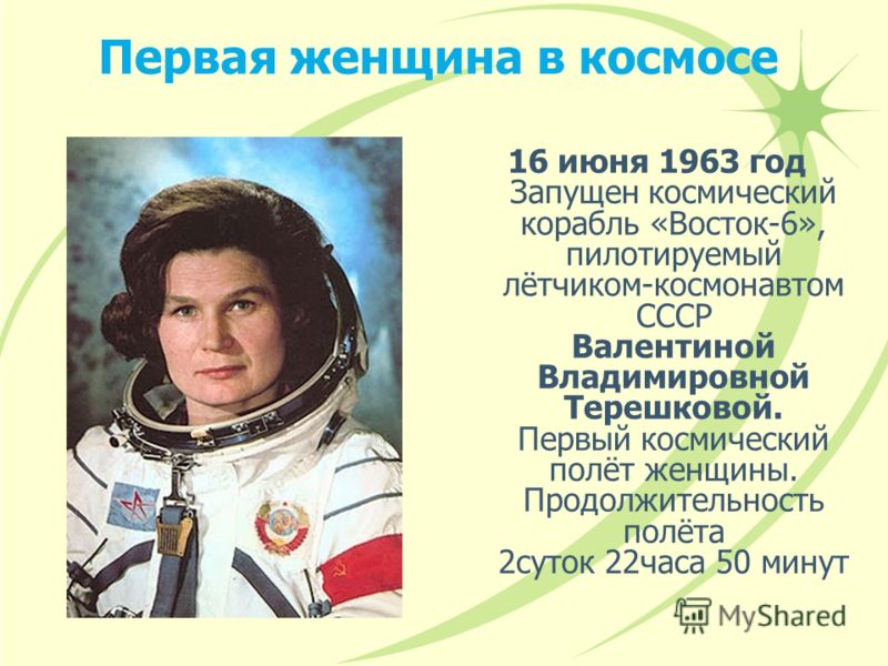 Первая женщина в космосе 16 июня 1963 год Запущен космический корабль «Восток-6», пилотируемый лётчиком-космонавтом СССР Валентиной Владимировной Терешковой. Первый космический полёт женщины. Продолжительность полёта 2суток 22часа 50 минут