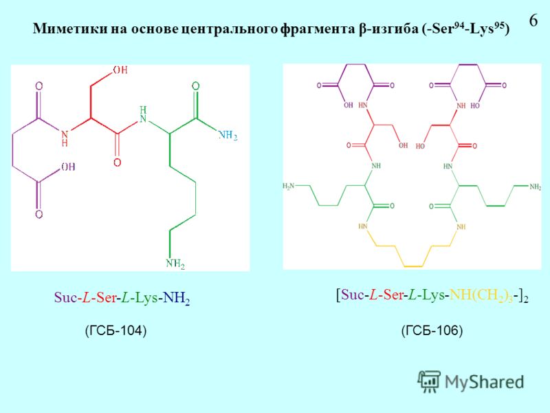 Миметики на основе центрального фрагмента β-изгиба (-Ser 94 -Lys 95 ) Suc-L-Ser-L-Lys-NH 2 6 [Suc-L-Ser-L-Lys-NH(CH 2 ) 3 -] 2 (ГСБ-106)(ГСБ-104)