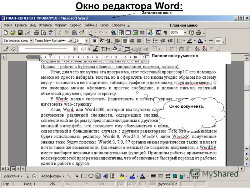 Окно редактора Word: Панели инструментов Заголовок окна Главное меню Окно документа.