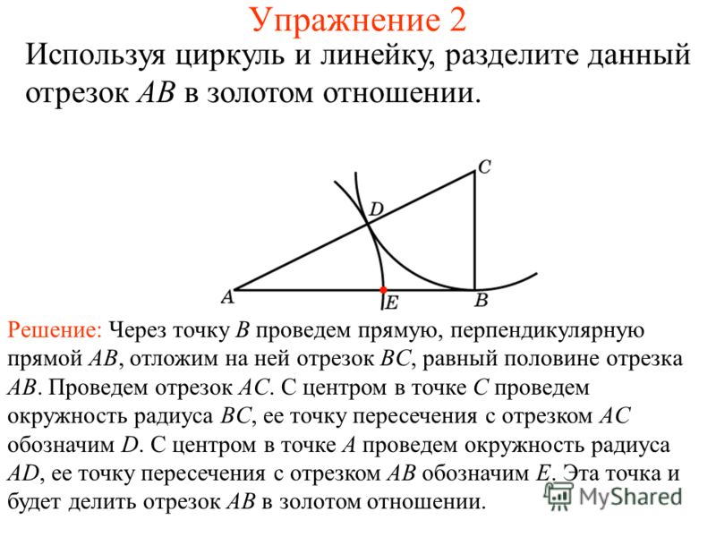 Упражнение 2 Используя циркуль и линейку, разделите данный отрезок AB в золотом отношении. Решение: Через точку B проведем прямую, перпендикулярную прямой AB, отложим на ней отрезок BC, равный половине отрезка AB. Проведем отрезок AC. С центром в точ