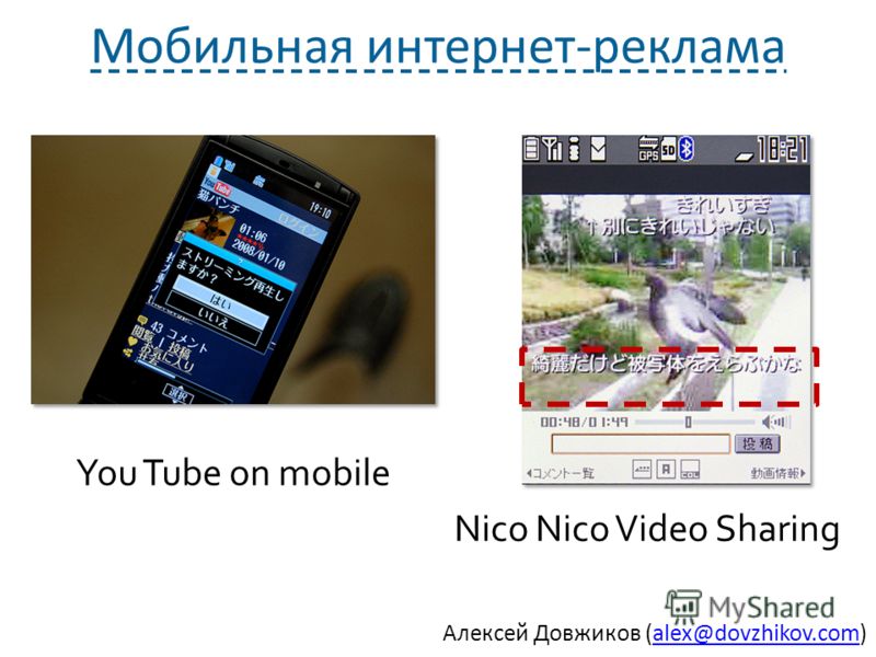 Алексей Довжиков (alex@dovzhikov.com)alex@dovzhikov.com Мобильная интернет-реклама You Tube on mobile Nico Nico Video Sharing