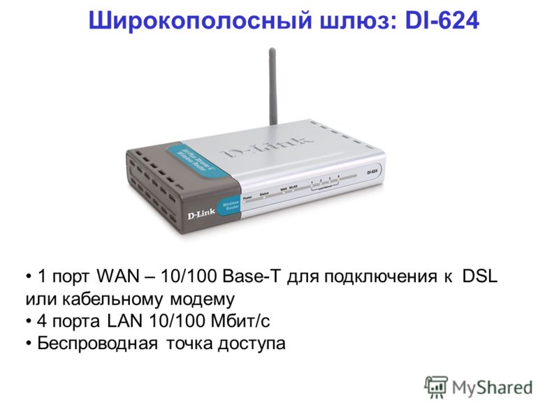 Широкополосный шлюз: DI-624 1 порт WAN – 10/100 Base-T для подключения к DSL или кабельному модему 4 порта LAN 10/100 Мбит/с Беспроводная точка доступа