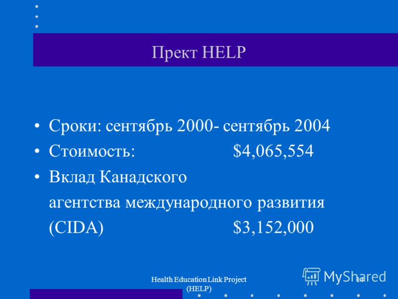 Health Education Link Project (HELP) 14 Прект HELP Сроки: сентябрь 2000- сентябрь 2004 Стоимость:$4,065,554 Вклад Канадского агентства международного развития (CIDA) $3,152,000