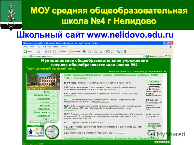 Школьный сайт www.nelidovo.edu.ru МОУ средняя общеобразовательная школа 4 г Нелидово