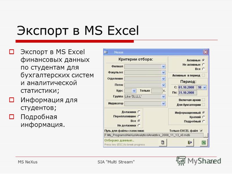 MS NeXusSIA Multi Stream21 Экспорт в MS Excel Экспорт в MS Excel финансовых данных по студентам для бухгалтерских систем и аналитической статистики; Информация для студентов; Подробная информация.