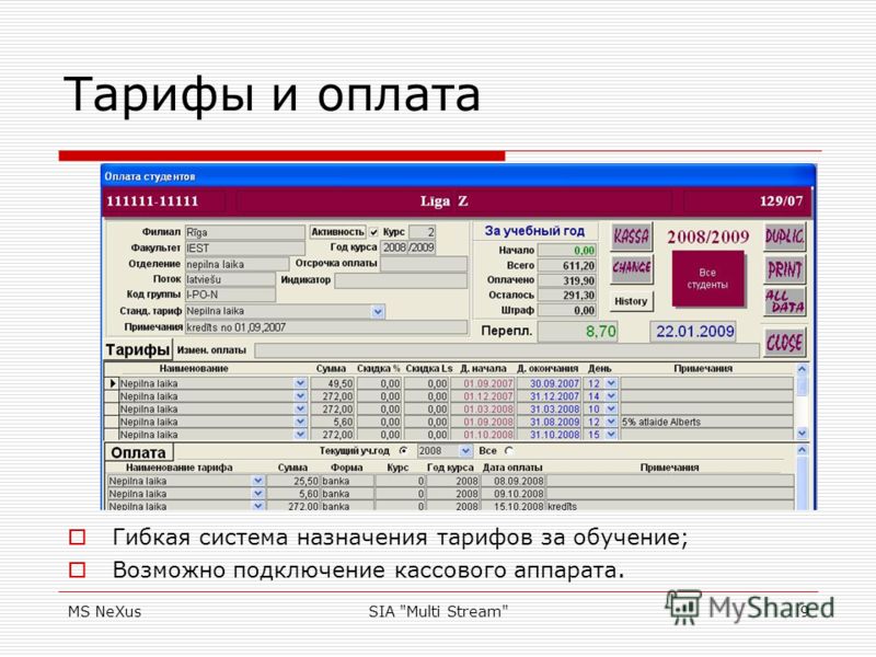 MS NeXusSIA Multi Stream9 Тарифы и оплата Гибкая система назначения тарифов за обучение; Возможно подключение кассового аппарата.