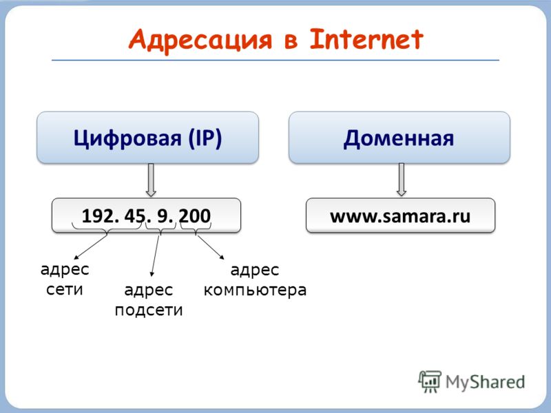 Адресация в Internet Цифровая (IP) Доменная 192. 45. 9. 200 www.samara.ru адрес сети адрес компьютера адрес подсети