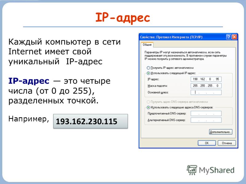 IP-адрес Каждый компьютер в сети Internet имеет свой уникальный IP-адрес IP-адрес это четыре числа (от 0 до 255), разделенных точкой. Например, 193.162.230.115