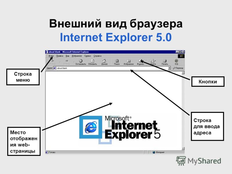 Внешний вид браузера Internet Explorer 5.0 Строка меню Кнопки Место отображен ия web- страницы Строка для ввода адреса
