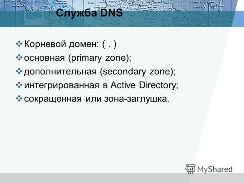 Служба DNS Корневой домен: (. ) основная (primary zone); дополнительная (secondary zone); интегрированная в Active Directory; сокращенная или зона-заглушка.