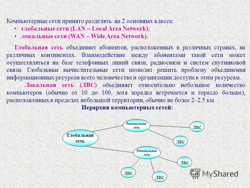 Компьютерные сети принято разделять на 2 основных класса: глобальные сети (LAN – Local Area Network); локальные сети (WAN – Wide Area Network). Глобальная сеть объединяет абонентов, расположенных в различных странах, на различных континентах. Взаимод