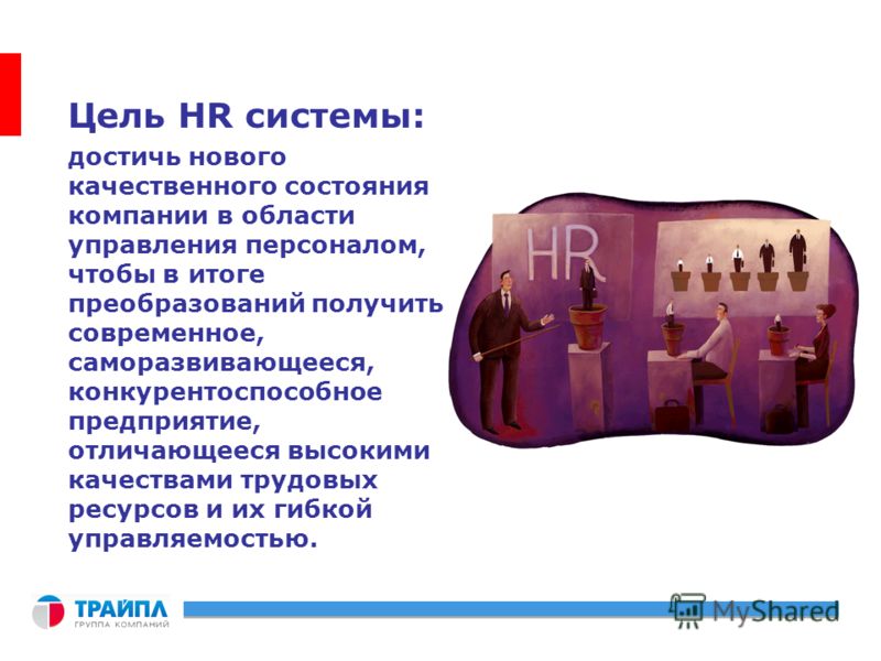 Цель HR системы: достичь нового качественного состояния компании в области управления персоналом, чтобы в итоге преобразований получить современное, саморазвивающееся, конкурентоспособное предприятие, отличающееся высокими качествами трудовых ресурсо